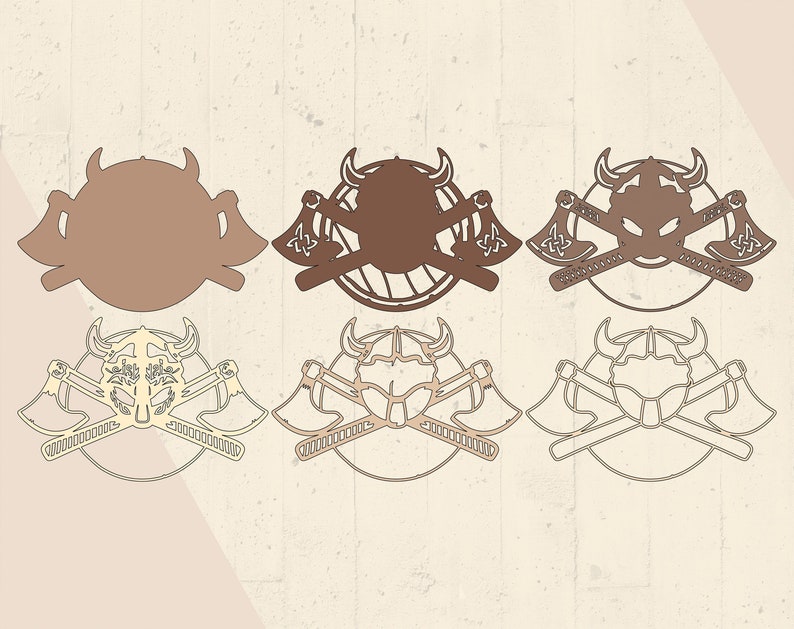 Peut inclure: Six designs diff&eacute;rents d'un casque viking avec des haches crois&eacute;es. Les casques sont dans diff&eacute;rentes nuances de brun et de beige.