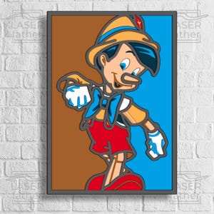 Pinokkio SVG, houten jongen, 3D meerlaagse lasergesneden, instant digitale download, Disneyland design, Glowforge patronen, cartoon schaduwdoos