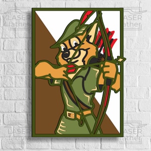 Può includere: Una volpe di cartone animato vestita da Robin Hood, con una tunica verde, pantaloni marroni e un cappello verde con una piuma. Sta tenendo un arco e una freccia, mirando qualcosa fuori dallo schermo. Lo sfondo è un motivo diagonale marrone e bianco.