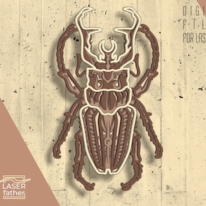 May include: A detailed, intricate design of a stag beetle, rendered in brown and beige tones. The beetle is depicted with its wings spread, showcasing its intricate body structure. This digital file is suitable for laser cutting.