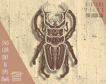 May include: A detailed, intricate design of a stag beetle, rendered in brown and beige tones. The beetle is depicted with its wings spread, showcasing its intricate body structure. This digital file is suitable for laser cutting.