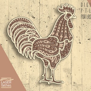 May include: A detailed, intricate laser cut design of a rooster with a brown and beige color scheme. The rooster is standing on a light beige background.