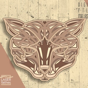 May include: A detailed, intricate, layered design of a fox's head, perfect for laser cutting. The design is made up of many overlapping lines and shapes, creating a 3D effect.