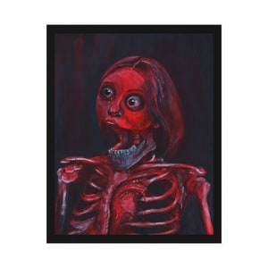 May include: A painting of a woman's skeletal ribcage with red skin and a shocked expression. Her eyes are wide open and her mouth is agape. The background is dark.