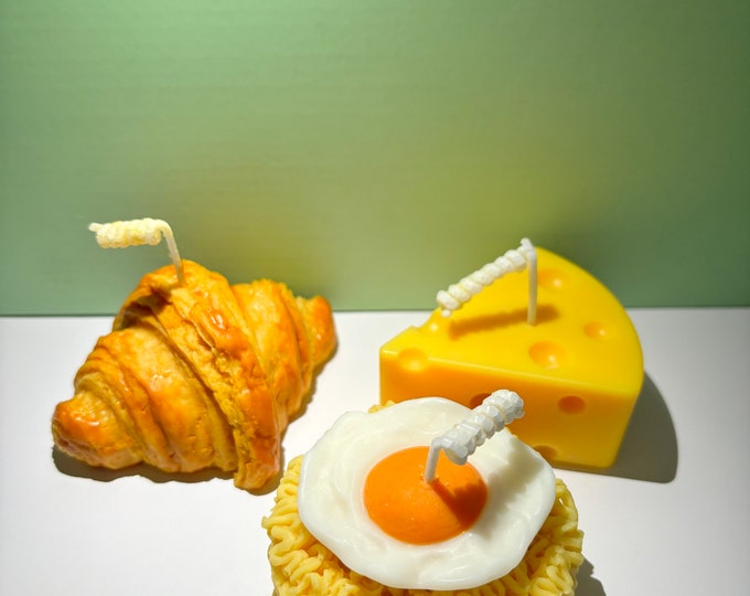 Foodie Candle Set: Croissant, Ramen, Cheese - Unique Home Fragrance Trio
