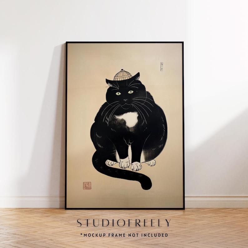 Black Cat Ukiyo-e Art Print: Japanese Feline Wall Decor - Etsy