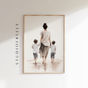 Stampa acquerello di madre e figli: arte murale sentimentale per la famiglia