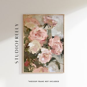 Oil painting light pink rose blooms instant download - spring garden rose blossoms and greens | digital file