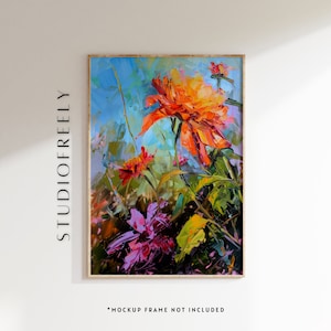 Bright floral oil painting, vibrant Zinnia garden wall art, colorful flower decor print