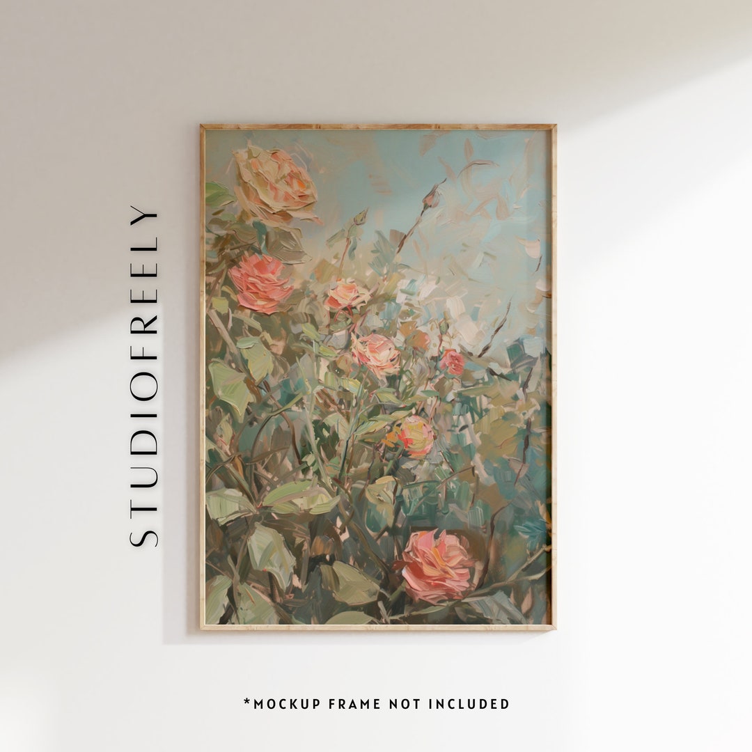 Vintage Rose Garden Oil Painting Print: Impressionist Floral Wall Art ...