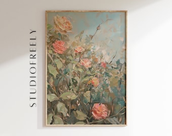 Vintage Garden Roses Oil Painting: Muted Pastel Floral Art (Digital Download)