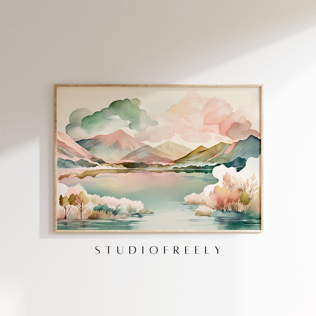 Mountain Lake Watercolor Art Print: Pastel Landscape Wall Decor - Etsy