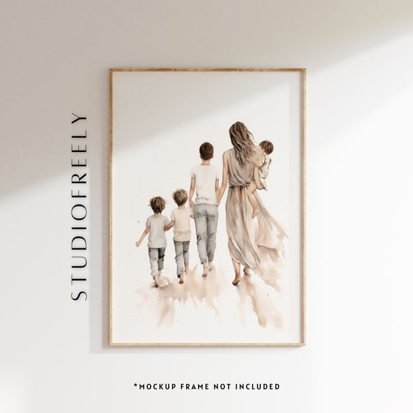 Beige minimalist Watercolor family portrait - mom with four sons | museum-grade poster, eco-friendly canvas, or acrylic-embedded panel