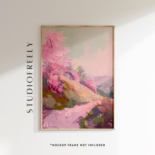 Oil acrylic pink landscape painting - foothill path, rolling distant mountains, pink trees | museum-grade poster, wrapped or framed canvas