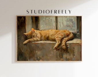 Sleeping orange tabby cat oil painting, cozy feline wall art, window sill decor print