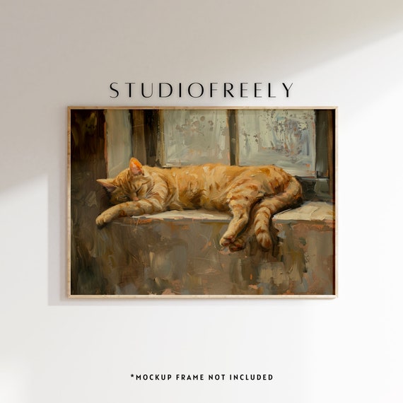 Sleeping orange tabby cat oil painting, cozy feline wall art, window sill decor print