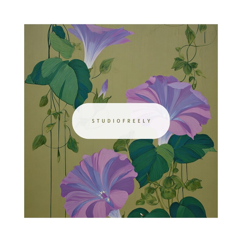 May include: An artistic illustration featuring vibrant purple morning glory flowers and lush green leaves against a muted olive-green background. The image includes the text "STUDIOFREELY" in a white oval.