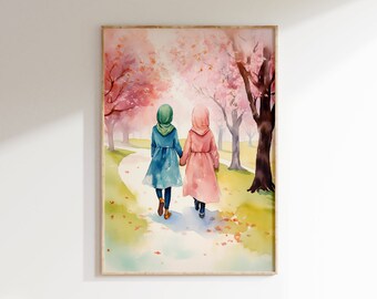 Acuarela de flores de cerezo, decoración sentimental para hermanas musulmanas, pintura de paisaje primaveral rosa, ilustración de un camino de amistad
