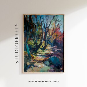 May include: A framed abstract painting of a forest path with vibrant colors, including blues, greens, yellows, and reds. The painting has a textured brushstroke style and depicts a path winding through a forest with trees on either side.