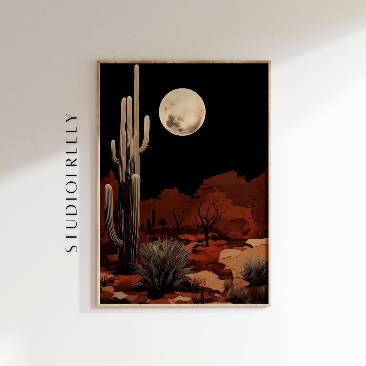 Desert Moonlight Cactus Art Print, Southwest Night Landscape Wall Decor, Rustic Western Home Decor, Moody Desert Wall Art - Etsy
