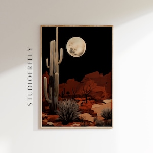 Desert moonlight cactus art print, southwest night landscape wall decor, rustic western home decor, moody desert wall art