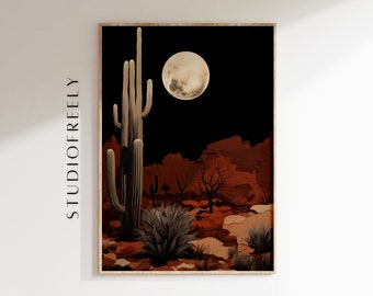 Bohemian dark desert instant download art - cactus, rock formations, modern desert eclectic artwork