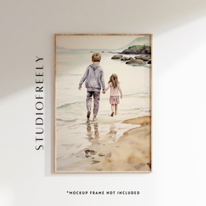 Aquarel strandafdruk broer en zus (digitale download)