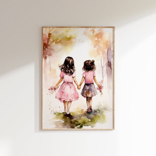 Girly bedroom art decor - sister art, matching watercolors for girls | museum-grade poster, or eco-friendly canvas