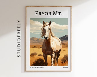 Descarga instantánea de Pryor Mountain Wild Horse Range Montana: ilustración de destino retro con coordenadas