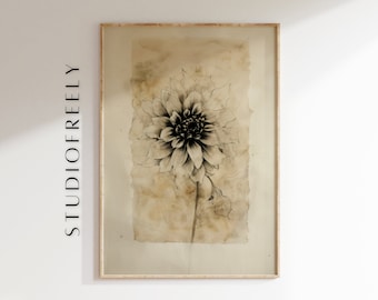 Vintage botanical flower illustration, monochromatic dahlia art print, minimalist nature-inspired wall decor