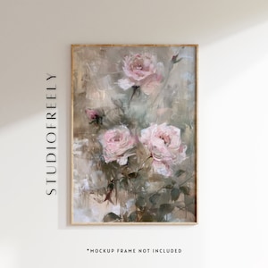 Vintage oil painting instant download light pink rose blooms - fresh garden rose blossoms and stems | digital file