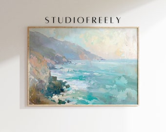 Big Sur ocean oil painting instant download - Northern California shoreline misty pastel artwork | digital file