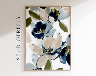 Estampado floral moderno: flores en azul marino y verde salvia (archivo digital)