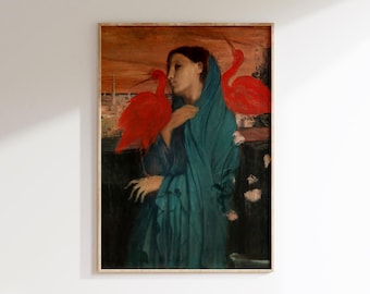 Pode incluir: Impressão de arte emoldurada com uma mulher em uma túnica azul-petróleo com dois pássaros vermelhos vibrantes. A obra de arte tem uma paleta de cores quentes com um céu laranja e um fundo escuro. A impressão está em uma moldura de madeira.