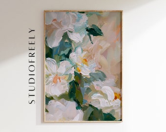 Abstract Floral Art Print: Textured White Flowers, Pastel Tones