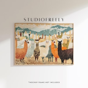 May include: A framed print featuring a colorful illustration of a large group of llamas in a mountainous landscape. The llamas are depicted in various colors, including brown, orange, white, and black. The text "STUDIOFREELY" is at the top.