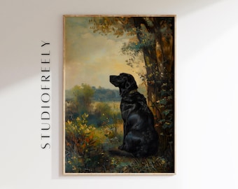 May include: A vintage oil painting of a black Labrador Retriever sitting in a forest setting. The dog is looking to the left of the frame, with a lush green background and a large tree trunk behind it.