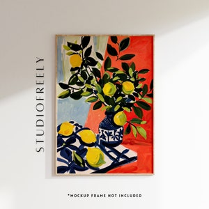 Lemon still life wall art, colorful modern kitchen decor, vibrant fruit painting canvas print