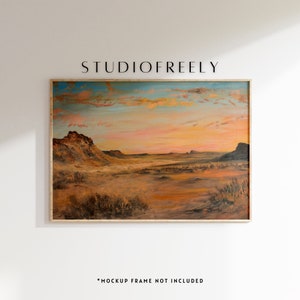 May include: An oil painting of a desert landscape with a sunset sky. The artwork features a warm color palette of orange, yellow, and brown, with a mountain range in the background. The text "STUDIOFREELY" is at the top.