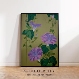 Surrounding the flowers are lush, heart-shaped leaves painted in deep and medium greens, with visible brushstroke textures that give the leaves a realistic veined look. Twining tendrils wrap gently across the vertical composition, giving the piece a natural sense of movement and verticality. A few closed buds hint at new blooms to come, adding to the sense of growth and life in the artwork.