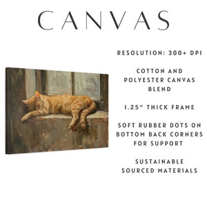 Pu&ograve; includere: Stampa su tela di un gatto tabby arancione addormentato. L'opera d'arte &egrave; su una cornice spessa 3,18 cm ed &egrave; realizzata con una miscela di cotone e poliestere. Il testo "CANVAS" &egrave; in alto. Punti in gomma morbida sugli angoli posteriori.