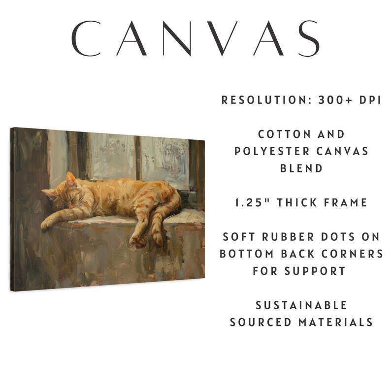 Pu&ograve; includere: Stampa su tela di un gatto tabby arancione addormentato. L'opera d'arte &egrave; su una cornice spessa 3,18 cm ed &egrave; realizzata con una miscela di cotone e poliestere. Il testo "CANVAS" &egrave; in alto. Punti in gomma morbida sugli angoli posteriori.