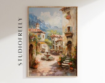Mediterranean village painting, Italian courtyard wall art, rustic Tuscan decor