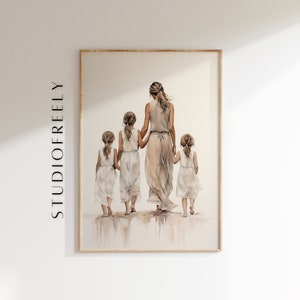 Stampa artistica ad acquerello di madre e figlia: decorazione familiare sentimentale