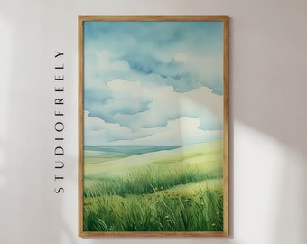 Grassy hills watercolor instant download - blue sky great plain painting, office and bedroom wall decor