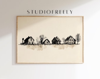 Puede incluir: Una impresión enmarcada con una ilustración en blanco y negro de edificios de granjas y árboles. La obra de arte tiene una paleta de colores neutros sobre un fondo crema. El texto "STUDIOFREELY" está en la parte superior. El texto "*MOCKUP FRAME NOT INCLUDED" está en la parte inferior.