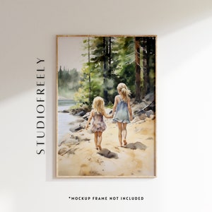 Descarga instantánea de pintura de acuarela para hermanos, hermanas en un paisaje de estilo de la Columbia Británica, paisaje del lago, archivo digital