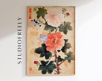 Vintage Japanese botanical wall art, floral watercolor print, Asian-inspired hibiscus painting, elegant nature decor