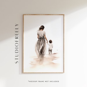 Stampa artistica per mamma e bambino: decorazione murale minimalista con acquerello per la famiglia