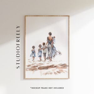 Mother and children watercolor print, minimalist parenting wall decor, sentimental motherhood art gift, elegant family bond illustration